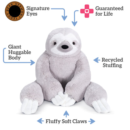 Plush sloth toy with features highlighted on a white background