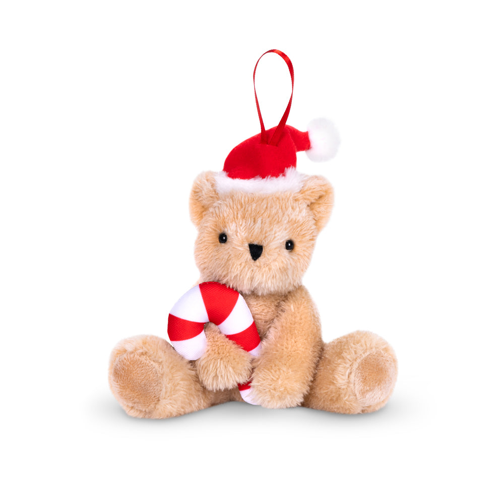 Plush teddy bear ornament wearing red Santa hat holding a red and white striped candy cane with hanging loop.