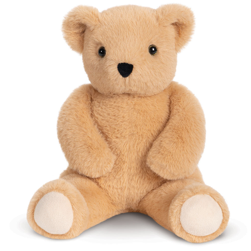 Light brown plush teddy bear with black eyes and nose, sitting upright with cream-colored paw pads.