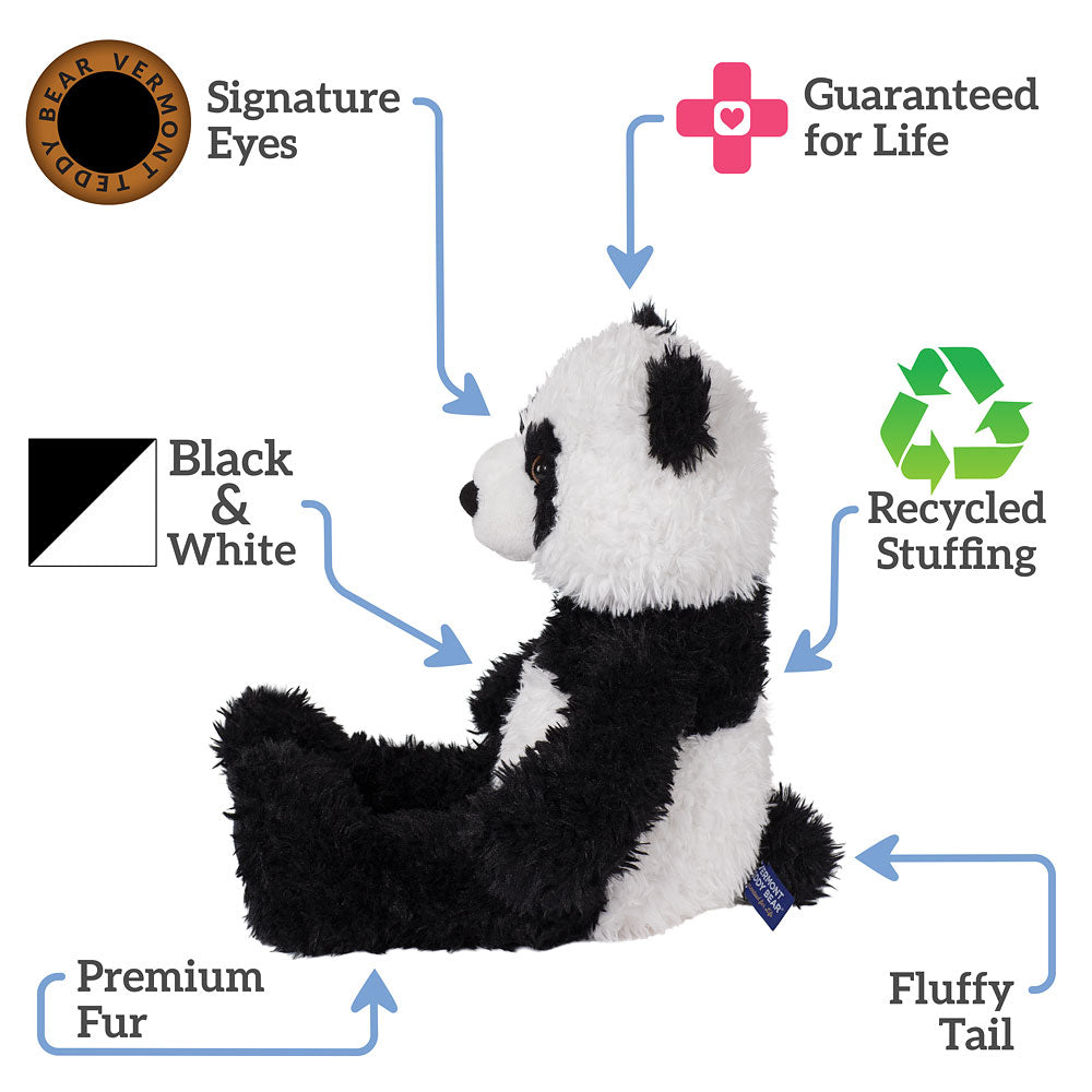 Plush panda bear with features labeled on a white background