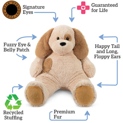 Stuffed dog toy with features highlighted on a white background