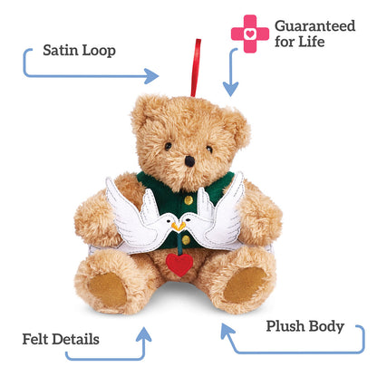 Teddy bear with dove design, labeled parts on a white background