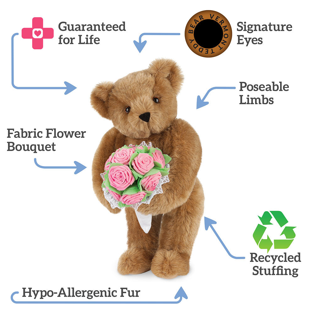 15 In. Pink Rose Bouquet Teddy Bear Earl Grey / Brown Eyes / No | Vermont Teddy Bear 15 In. Pink Rose Bouquet Teddy Bear Earl Grey / Brown Eyes / No | Vermont Teddy Bear