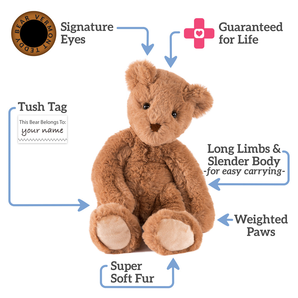 15-inch brown plush teddy bear with weighted paws and long limbs, soft fur, and a tag for personalization.