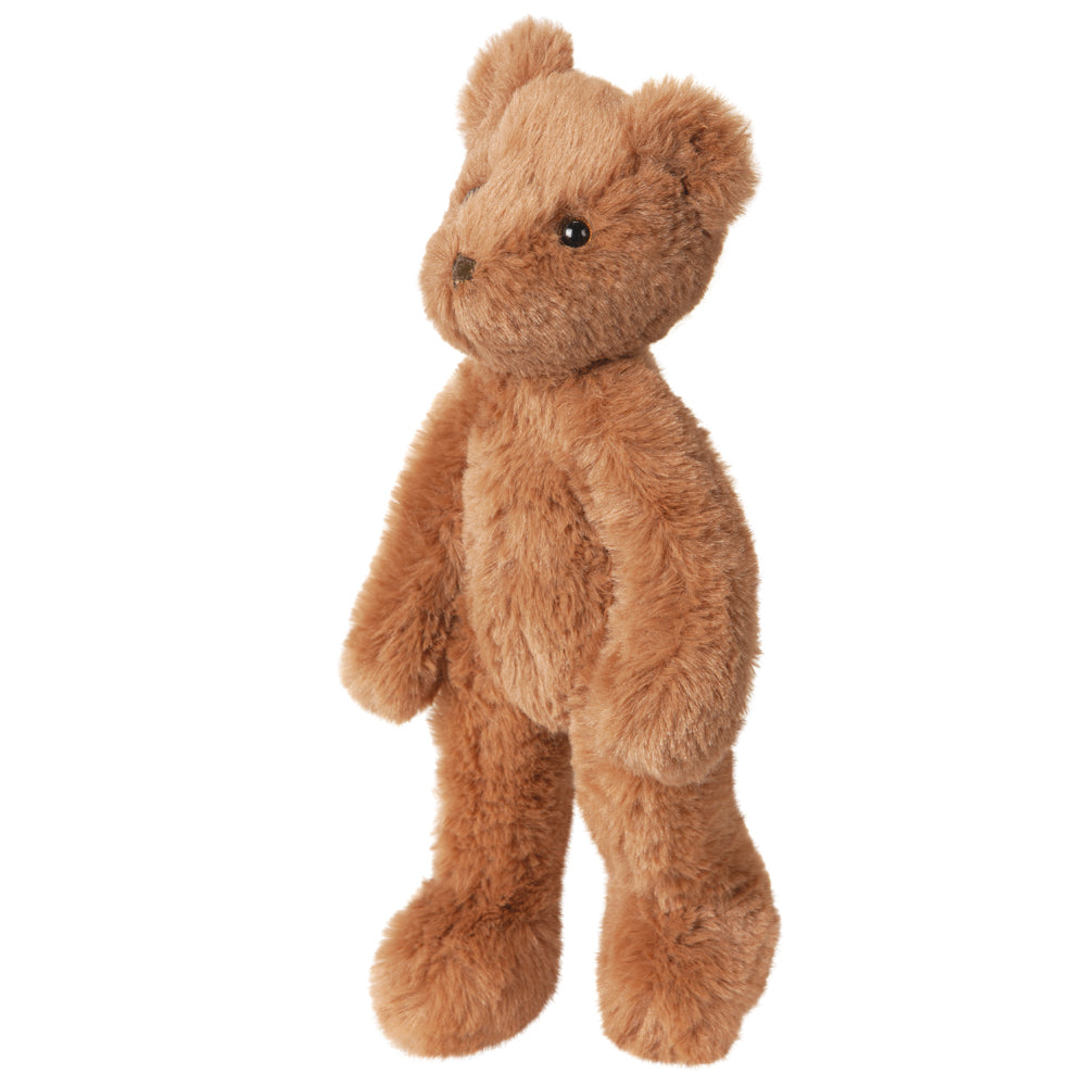 Soft brown plush teddy bear with black eyes and nose, standing upright.