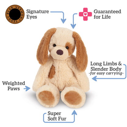 Stuffed dog toy with features highlighted on a white background