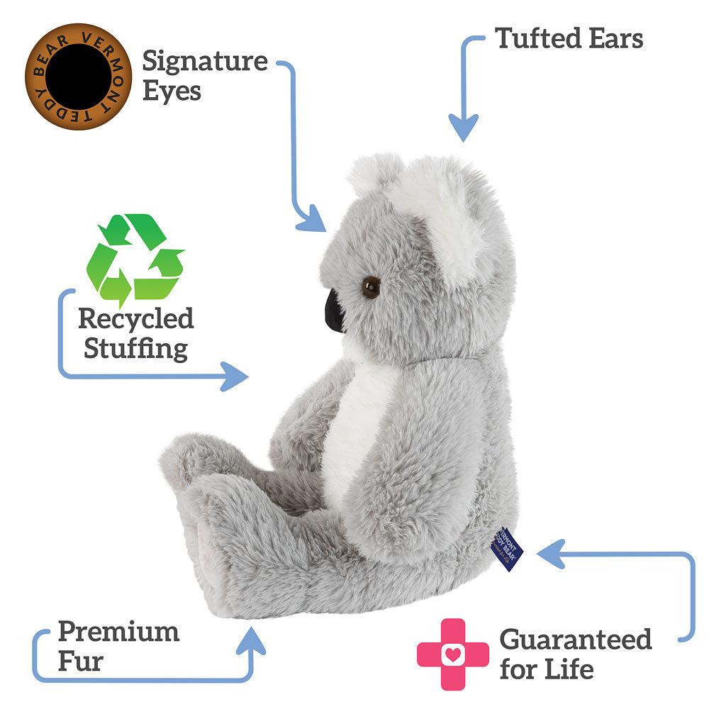 Plush koala toy with features highlighted on a white background