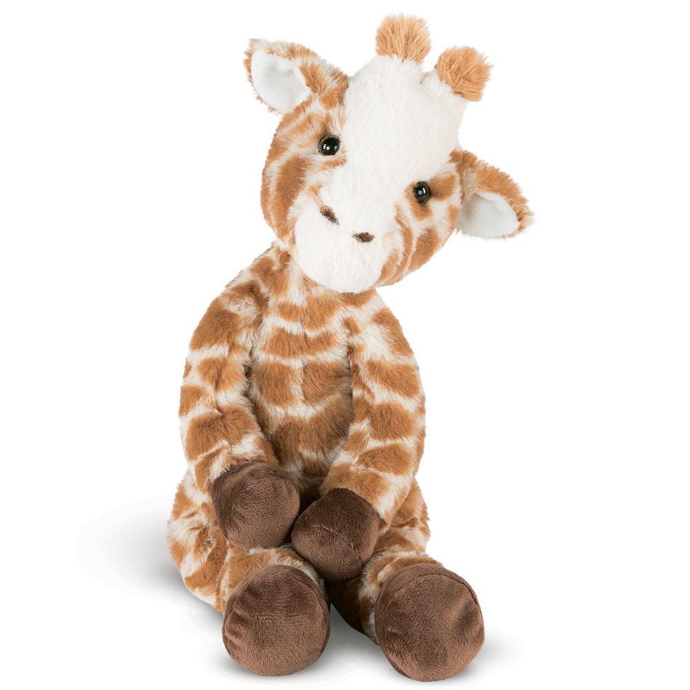 15-inch plush giraffe toy with soft brown and white fur, seated pose, friendly face.