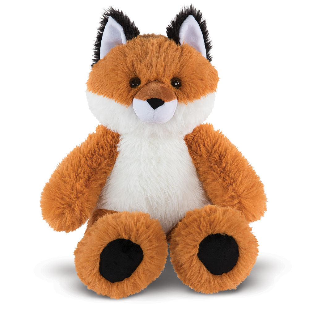 Soft plush fox toy with orange and white fur, black-tipped ears, and black paw pads.