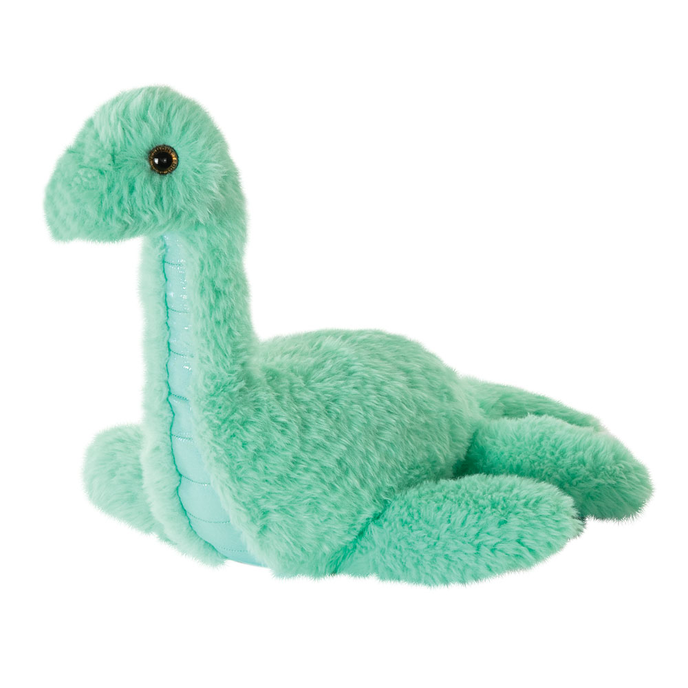 Soft plush dinosaur in mint green with textured fabric and black button eyes.