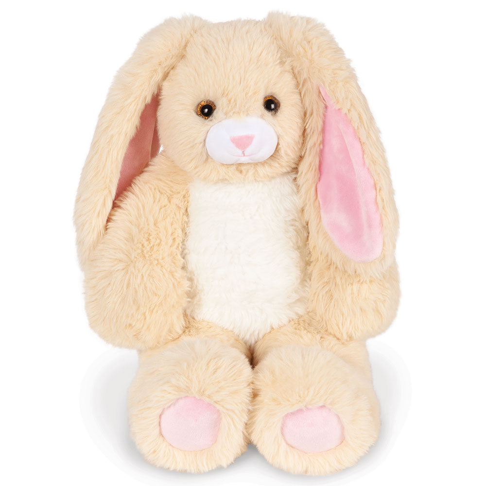 Tan and cream plush bunny with long floppy ears and pink accents on ears and paws.