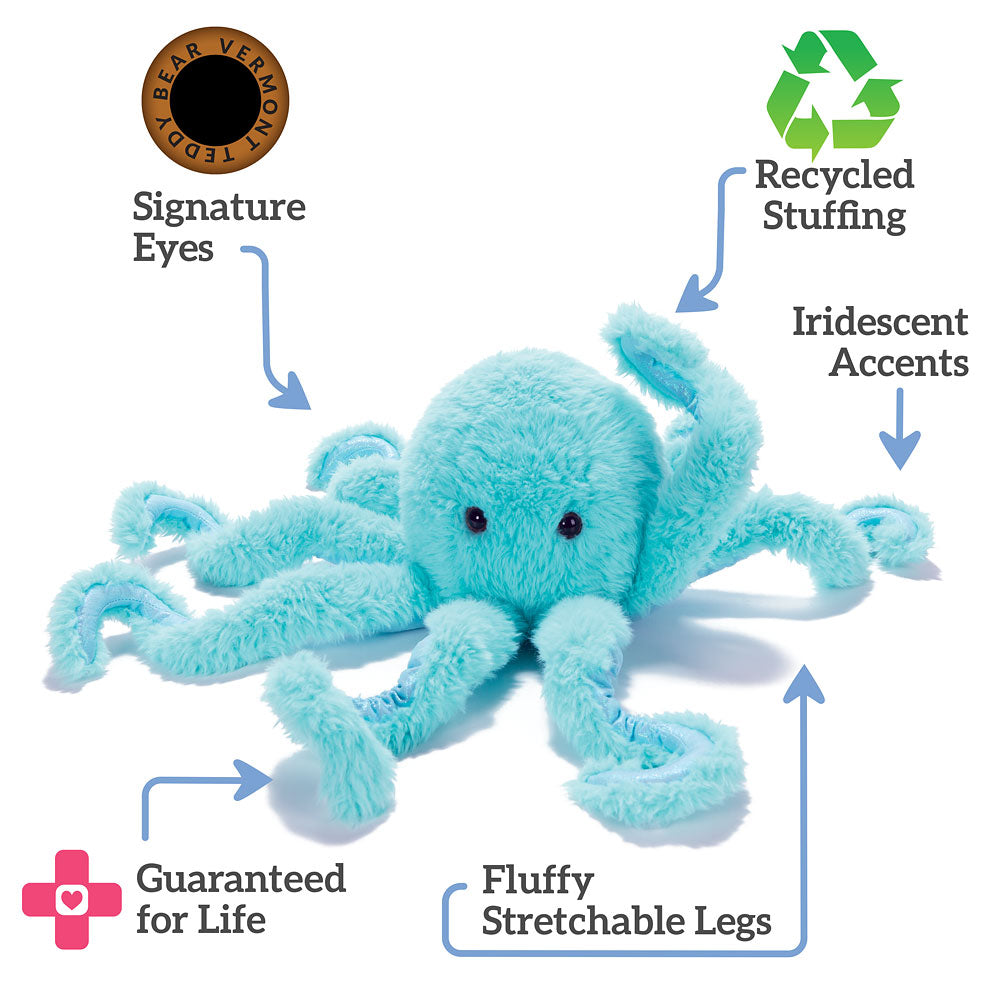 Blue plush octopus toy with features labeled on a white background