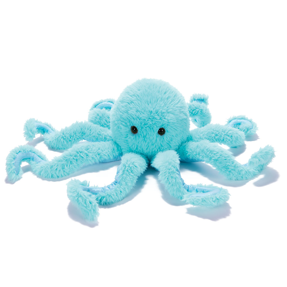 Soft plush turquoise octopus toy with eight textured tentacles and black eyes.