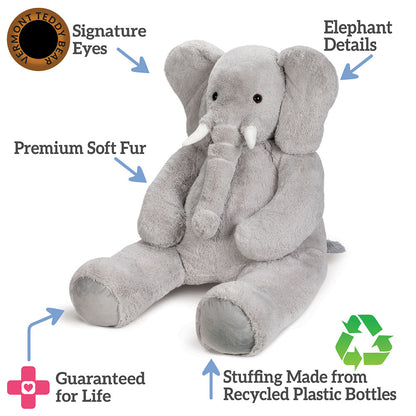 Large elephant plush toy with features labeled on a white background