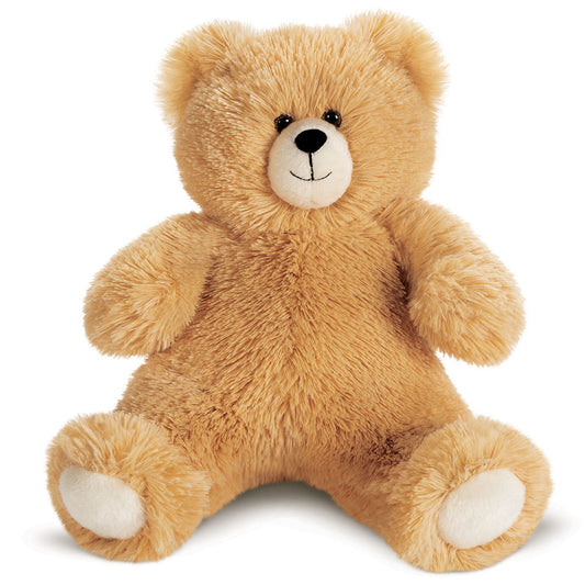 Soft whipped honey-colored teddy bear with black eyes and white paw pads sitting upright.
