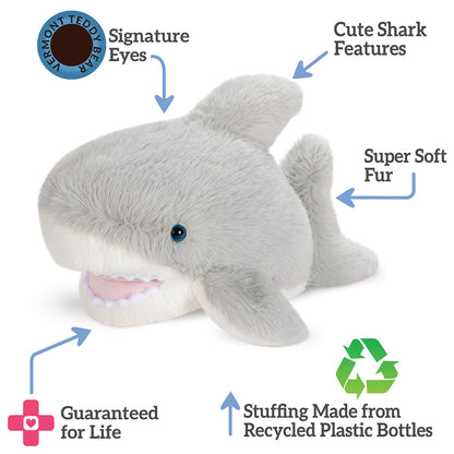 Plush shark toy with features labeled on a white background