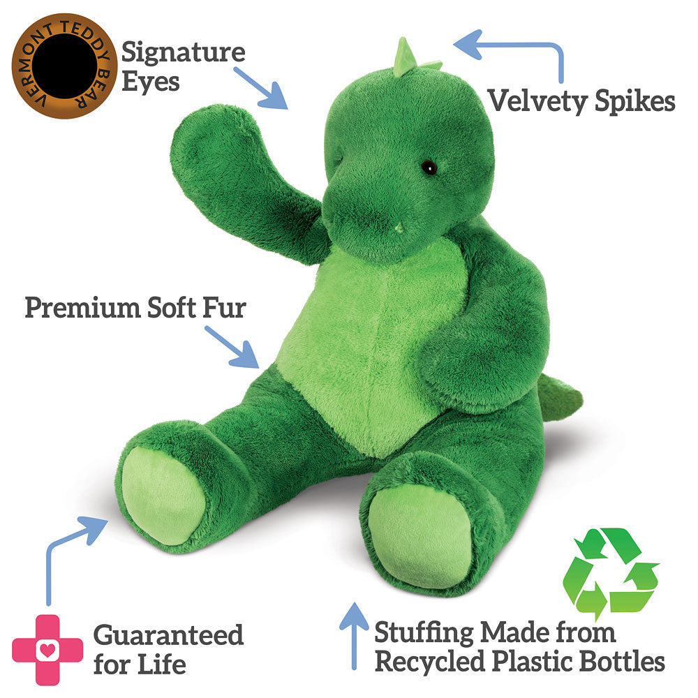 Giant Dinosaur stuffed animal with features highlighted on a white background