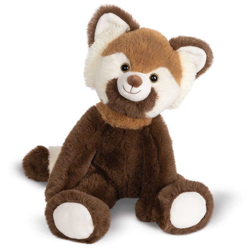 Brown and white plush red panda stuffed animal with soft fur and smiling face, sitting upright.