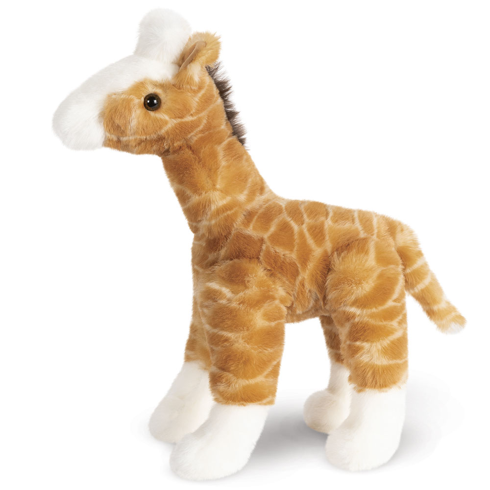 Soft plush giraffe toy with tan and white fur, brown spots, black mane, and white hooves.