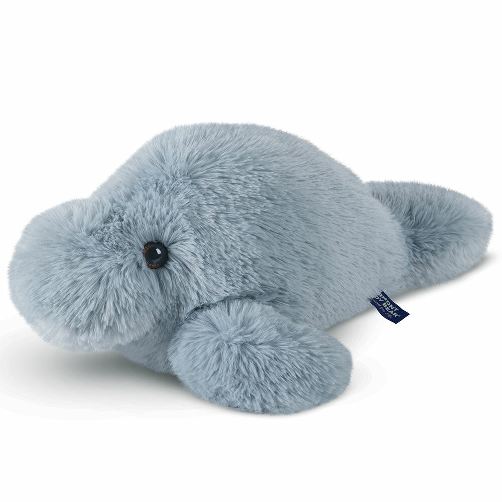 Soft light gray plush manatee toy with round black eyes and flipper details, 18 inches long.