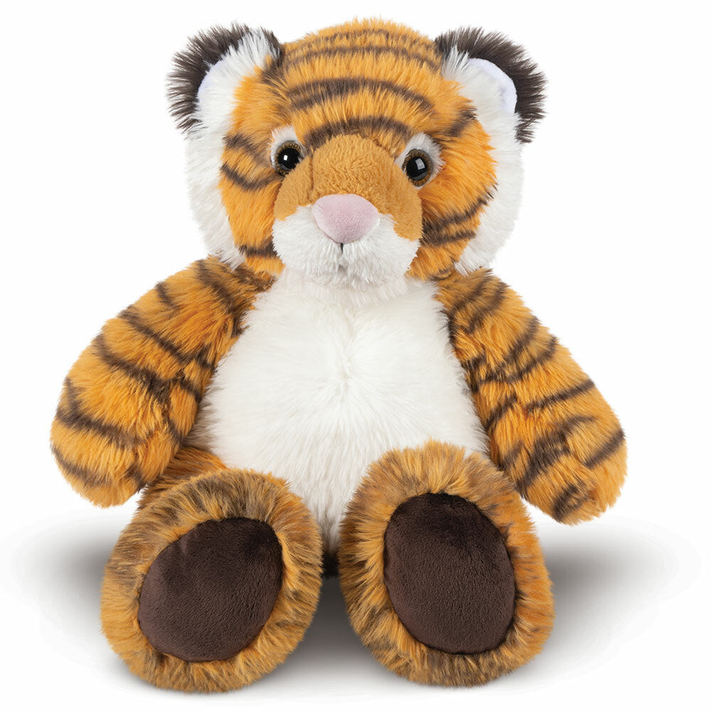 18-inch plush tiger stuffed animal with orange and black stripes, white chest, and brown paw pads.