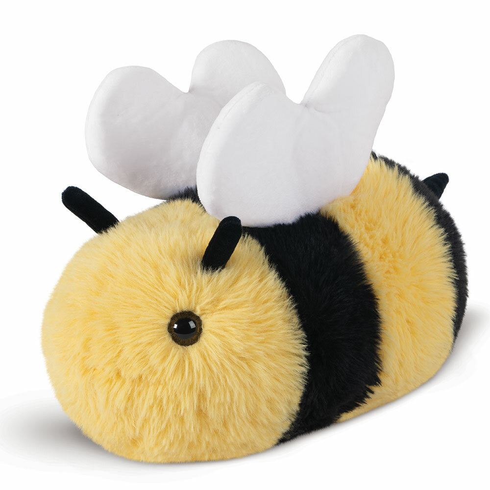 Plush yellow and black striped bee with soft fabric wings and small black antennae.