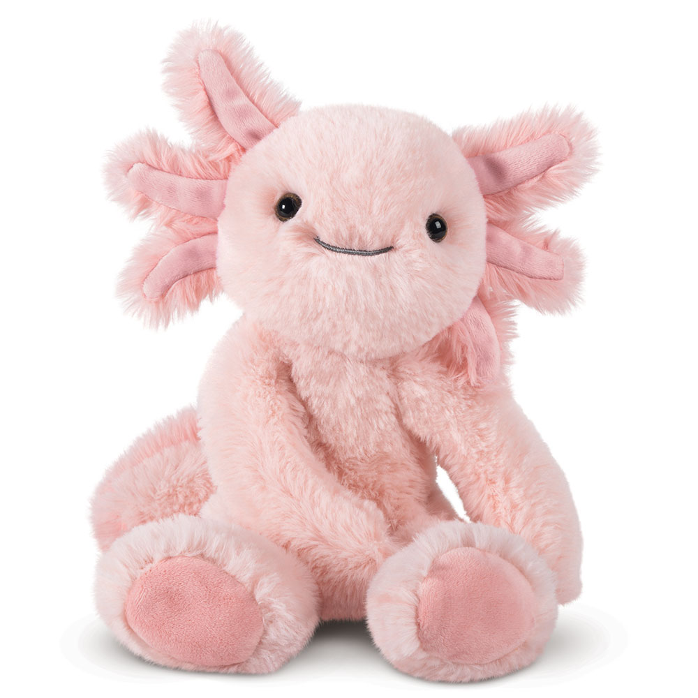 Soft pink plush axolotl toy with smiling face and frilly external gills, 15 inches tall.