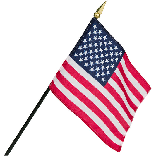 American flag with 50 white stars on blue field and 13 red and white stripes on black pole with gold spear finial.