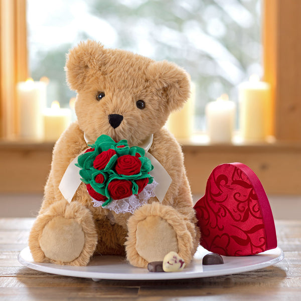 20 In. World's Coziest Bear with Rose Bouquet – Vermont Teddy Bear