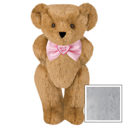 Honey-colored plush teddy bear with brown eyes and a pink bow tie reading "It's a Girl!".