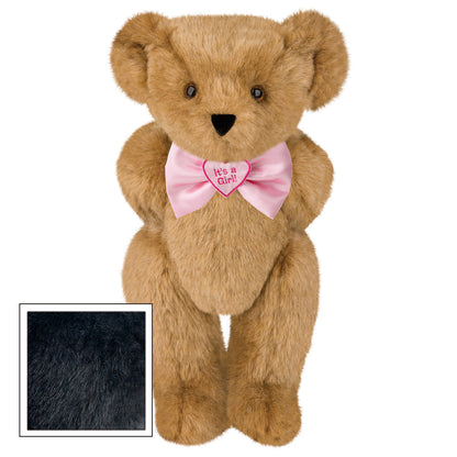 Honey-colored plush bear with brown eyes wearing a pink bow tie embroidered with "It's a Girl!".