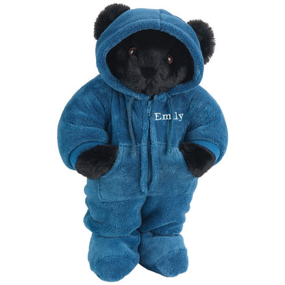 Black bear plush dressed in blue hooded footie onesie with "Emily" embroidered on chest.