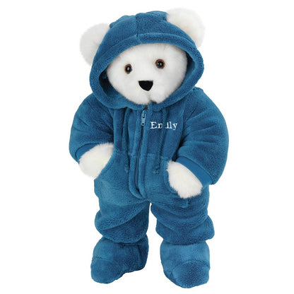 Blue plush bear wearing a hooded footie with embroidered "Early" on the chest.