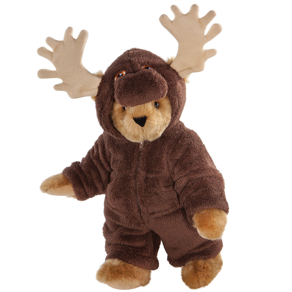 Brown plush bear wearing a moose costume with large beige antlers.