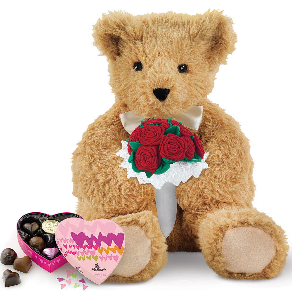 20 In. World's Coziest Bear with Red Rose Bouquet and Chocolates