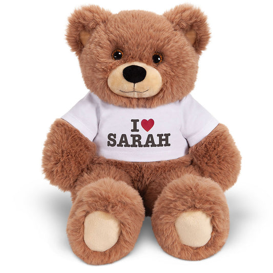 Brown teddy bear wearing white "I ♥ SARAH" t-shirt, soft plush fur, 18-inch size.