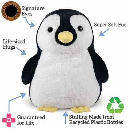 Plush penguin toy with features highlighted on a white background