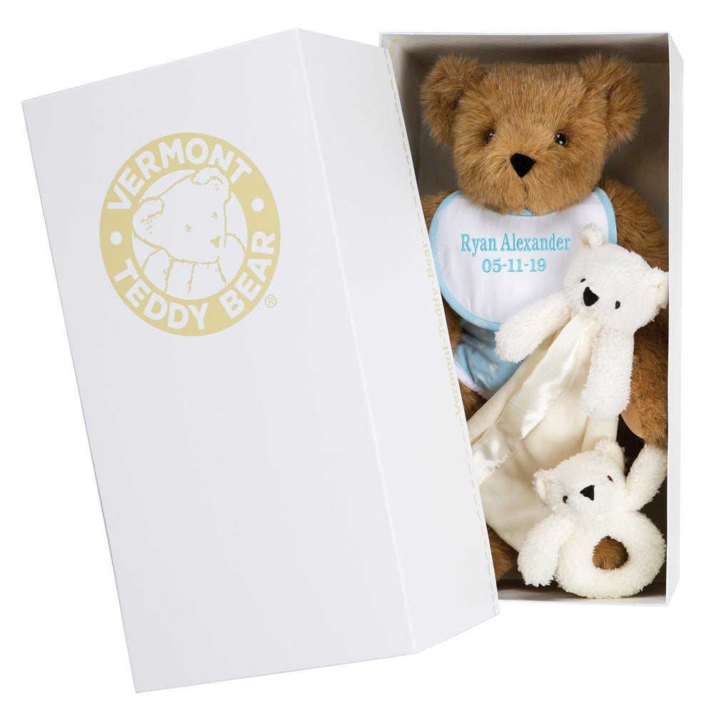 White rectangular box with Vermont Teddy Bear logo containing a 15-inch brown teddy bear and two small white plush bears.