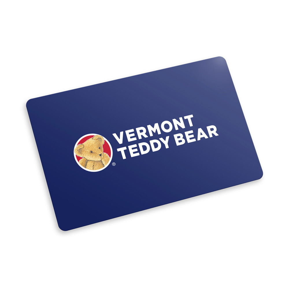 Navy blue Vermont Teddy Bear e-gift card with round teddy bear logo and white text.